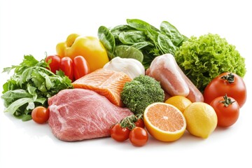 Poster - Fresh vegetables and meats arranged on a white surface