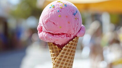 Poster - A colorful pink ice cream cone topped with sprinkles, perfect for a summer treat