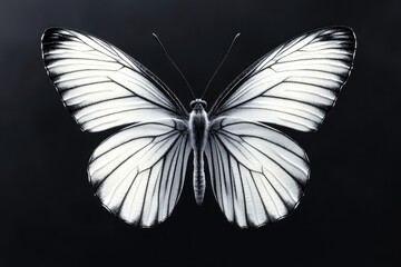 Aufkleber - A close-up shot of a black and white butterfly perched on a black background, its wings spread open