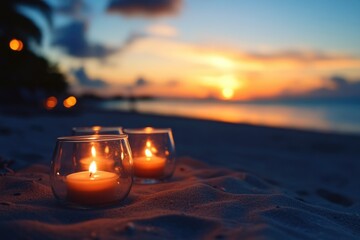 Poster - Three lit candles on a sandy beach during sunset, perfect for use in romantic or peaceful scenes