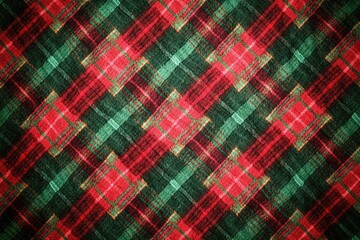 Poster - A close-up shot of a vibrant red and green plaid fabric featuring a diagonal pattern