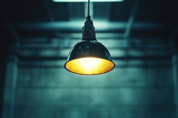 Poster - A single light source hangs from the ceiling in a dark and dimly lit room