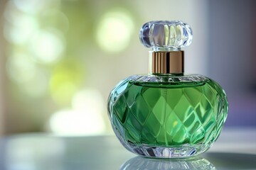 Poster - A green perfume bottle sits atop a table, ready for use