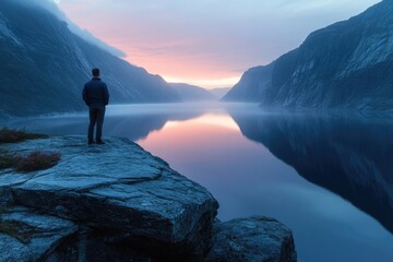 Poster - A person standing on a rocky outcropping overlooking a calm body of water