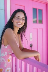 Poster - A woman in a pink dress leans on a pink railing, looking out at the viewer