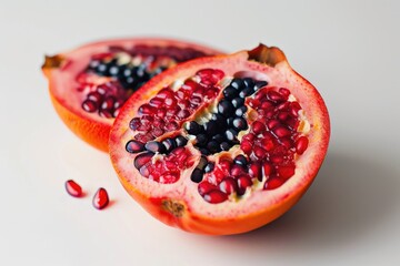 Poster - Two halves of pomegranate fruit on a white surface
