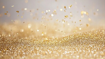 Wall Mural - Floating gold glitter particles create a luminous abstract background ideal for luxurious holiday visuals