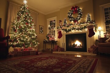 Aufkleber - Cozy Christmas scene with decorated tree and fireplace