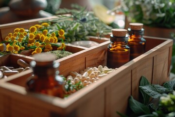 Poster - A wooden box filled with glass bottles and fresh flowers