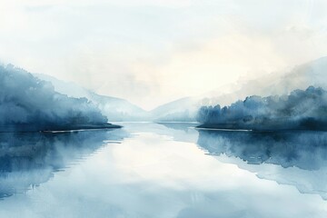 Aufkleber - Watercolor painting of a serene lake surrounded by trees, suitable for use as a calm atmosphere background or illustration