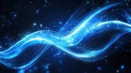 Poster - Flowing blue glowing lines on a dark blue surface create a futuristic and dynamic wave pattern, suitable for tech banners