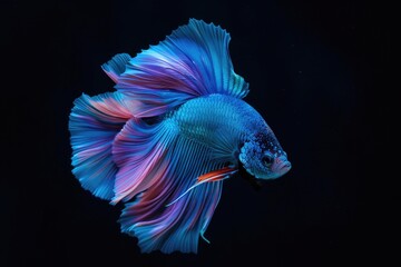 Poster - A blue and purple fish swimming against a dark black background