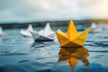 Poster - A collection of paper boats floating peacefully on the surface of a lake or sea
