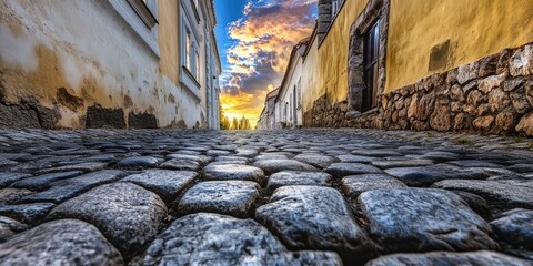 Poster - A cobblestone street with a beautiful sunset in the background, perfect for use in travel, landscape or architecture images