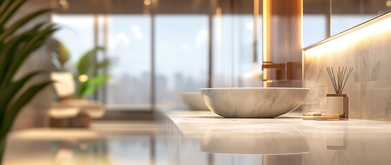 Poster - A modern bathroom scene featuring a sleek marble sink, stylish decor, and large windows allowing natural light to fill the space.