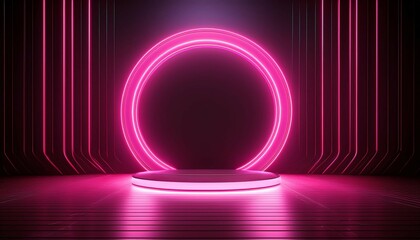 Wall Mural - 3d rendering of the stage with a glowing pink neon circle