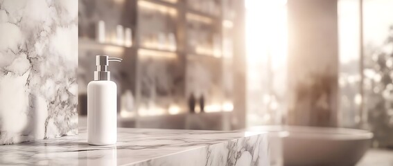 Leinwandbilder - A sleek, white bottle sits on a marble countertop, illuminated by soft light, creating a serene and elegant bathroom atmosphere.