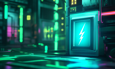 Poster - Futuristic digital landscape with neon lights and energy symbols in a high-tech environment