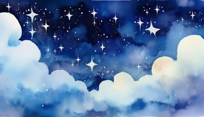 Wall Mural - watercolor painting texture background of night sky with clouds and stars