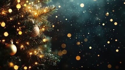 Wall Mural - Golden bokeh lights sparkle against a dark background, exuding elegance and a Christmas-inspired glow