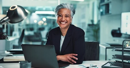 Poster - Mature, business woman and face with laptop for stock market trends and smile for cryptocurrency investment. Night trading, arms crossed or happy employee with online portfolio review and NFT account
