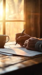 Poster - Hands of businessman signing document at wooden table with cup of coffee next to window during golden hour, creating cozy and productive atmosphere