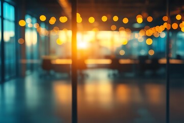 Aufkleber - A warm, blurred interior scene featuring glowing lights and a sunset, creating a cozy and inviting atmosphere in an office space.