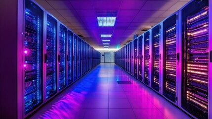 Poster - Illuminated server racks in a futuristic data center, symbolizing the transformation of internet infrastructure through advanced technology