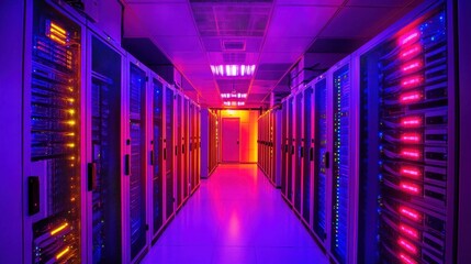 Poster - Illuminated server racks in a futuristic data center, symbolizing the transformation of internet infrastructure through advanced technology