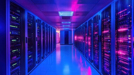 Poster - Illuminated server racks in a futuristic data center, symbolizing the transformation of internet infrastructure through advanced technology