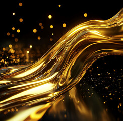 Poster - Golden liquid flows gracefully, reflecting shimmering light in a dark background