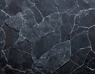 Poster - A close-up view of dark slate stone tiles with unique textures and patterns, ideal for backgrounds and design purposes in architecture and interior decor.