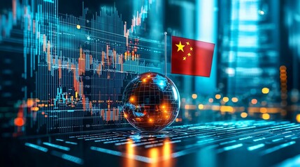 Poster - stock market chart. finance, economy, business and flag concept. digital globe with china's flag and