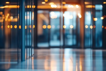 Fototapete - A softly lit hallway with glass doors, showcasing a modern architectural design, creating an inviting atmosphere.