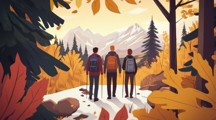 Poster - Three hikers enjoy a breathtaking autumn view of mountains and colorful foliage, AI