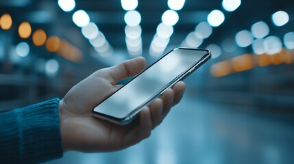 Poster - Phone mockup online shopping and business delivery concept. Smartphone held in a hand with blurred lights