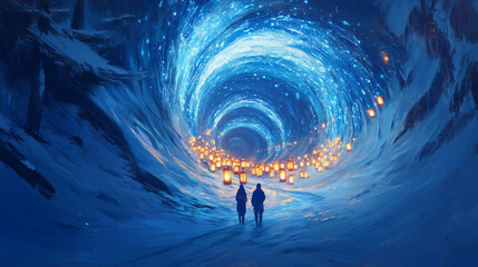 Wall Mural - Enchanted Winter Tunnel with Glowing Lanterns - Magical Snowscape with Couple Walking Towards Light