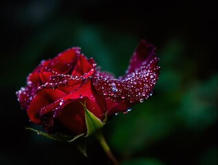 Poster - Red rose with dew drops in the dark