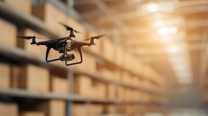 Poster - Online payment security and shipping technology concept. Drone flying in a warehouse setting
