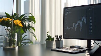 Poster - Modern laptop showcasing a vibrant financial chart, bright colors illustrating data trends, sleek design emphasizing technology and analysis.