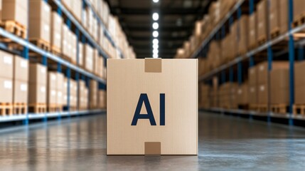 Poster - ai and making money online concept. cardboard box labeled ai in a warehouse setting