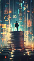 Poster - Businessman standing on large stack of coins observes glowing financial data and charts representing successful investment, wealth, and economic growth