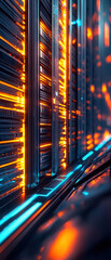 Poster - glowing digital archive with vibrant orange and blue lights, showcasing futuristic data storage environment. intricate details highlight advanced technology and innovation
