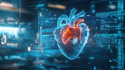 Poster - high resolution image of holographic medical display showcasing glowing heart model, illustrating advanced technology in healthcare and medical visualization