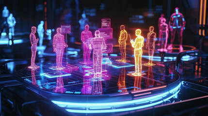 Poster - high resolution image of holographic virtual meeting with glowing figures interacting in futuristic setting. vibrant colors and digital elements create engaging atmosphere