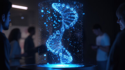 Poster - high resolution image of holographic DNA structure, showcasing vibrant blue particles in futuristic setting. scene captures essence of advanced technology and innovation