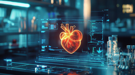 Poster - high resolution image of holographic heart model displayed in modern healthcare setting, showcasing advanced technology and medical data analysis