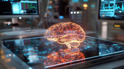 Fototapete - holographic display showcasing glowing brain model, symbolizing advanced technology and neuroscience. vibrant colors and intricate details create captivating visual experience