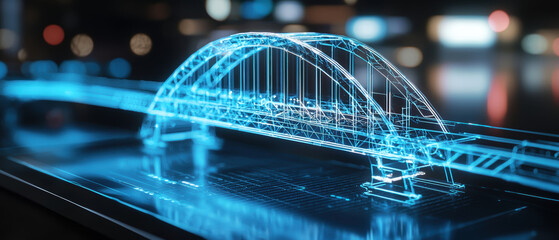 Poster - high resolution image of holographic display showcasing futuristic bridge design. intricate details and glowing blue lines create captivating visual experience