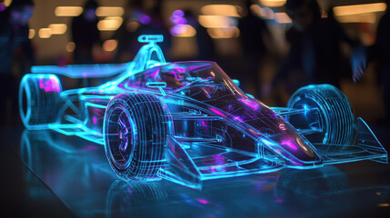 Poster - glowing holographic projection of futuristic race car, showcasing intricate details and vibrant colors. design captures essence of speed and innovation